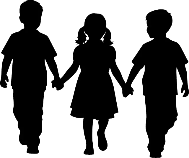 Clip art of three children holding hands and walking.